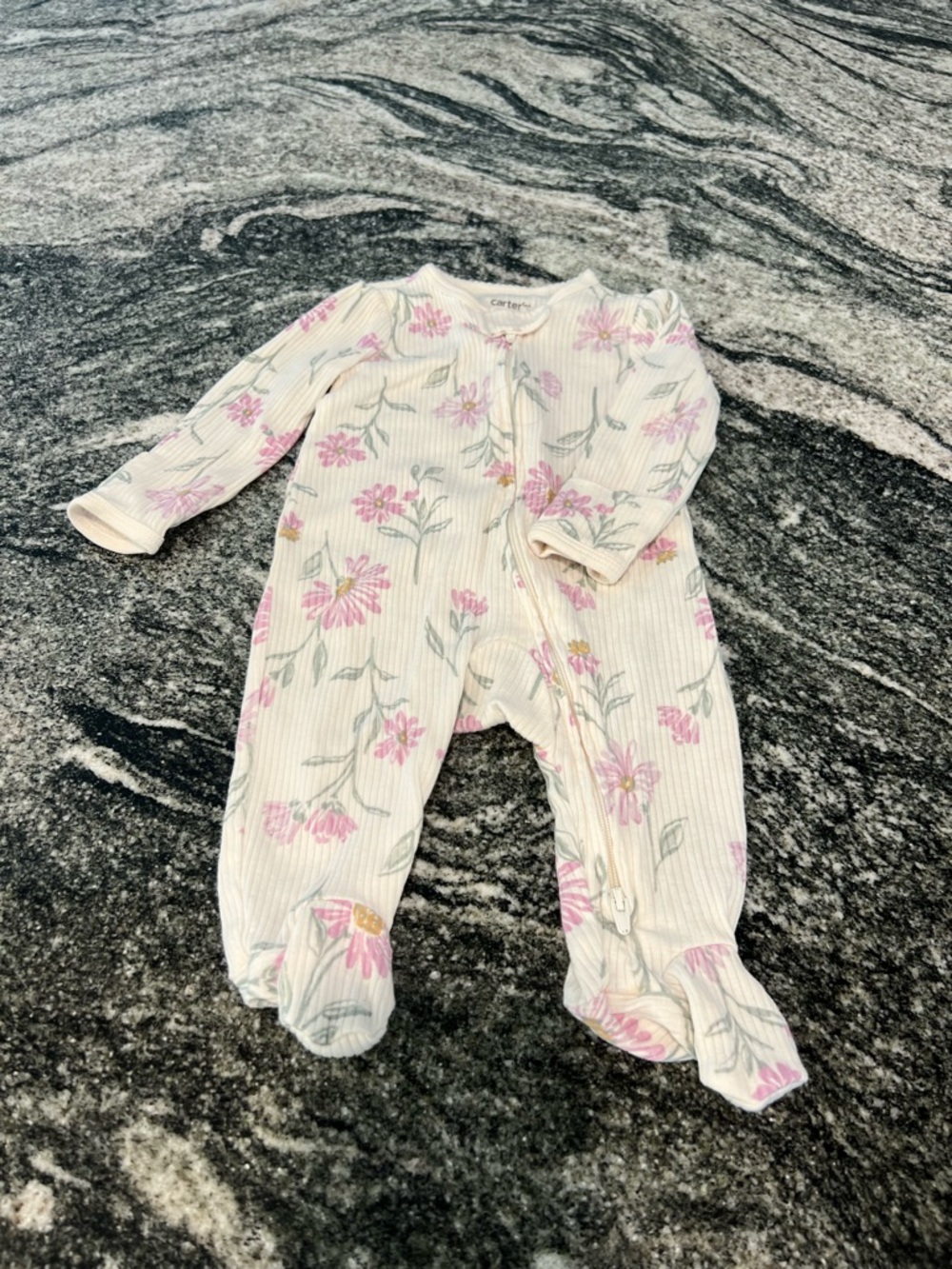 Carter's Cream Ribbed Footed One-Piece with Pink Floral Print